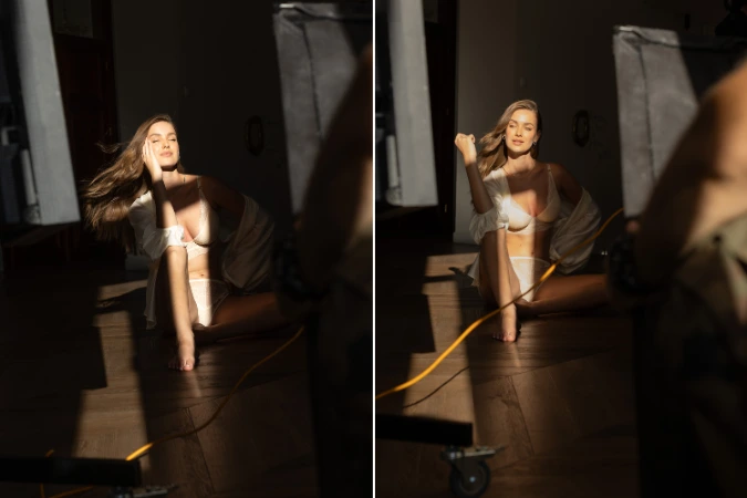 Młoda kobieta siedzi na drewnianej podłodze w pogodny dzień. Modelka ma beżowy biustonosz koronkowy. Dziewczyna w bieliźnie i satynowej koszuli w trendach 2026